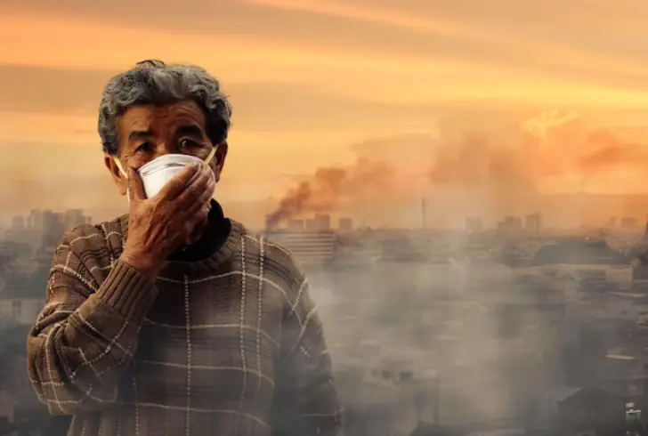 Man wearing pollution mask in city